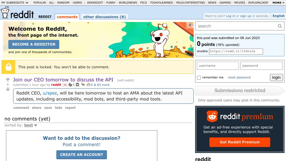 Screenshot of reddit.com: Join our CEO tomorrow to discuss the API