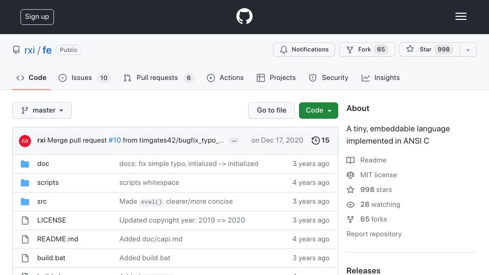 Screenshot of github.com: fe: A tiny, embeddable language implemented in ANSI C