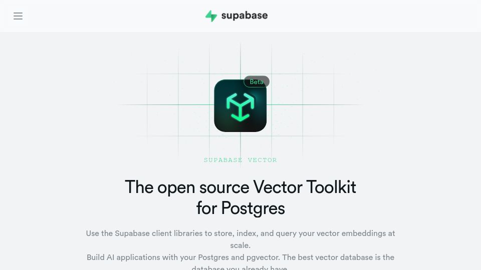 Screenshot of supabase.com: Supabase Vector, the Open Source Vector Toolkit for Postgres