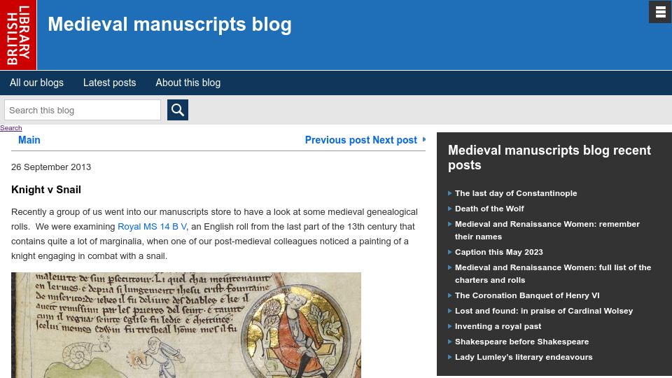 Screenshot of blogs.bl.uk: Knight vs. Snail (2013)