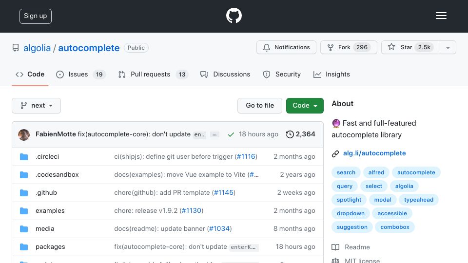 Screenshot of github.com: Autocomplete – A JavaScript library for building autocomplete experiences