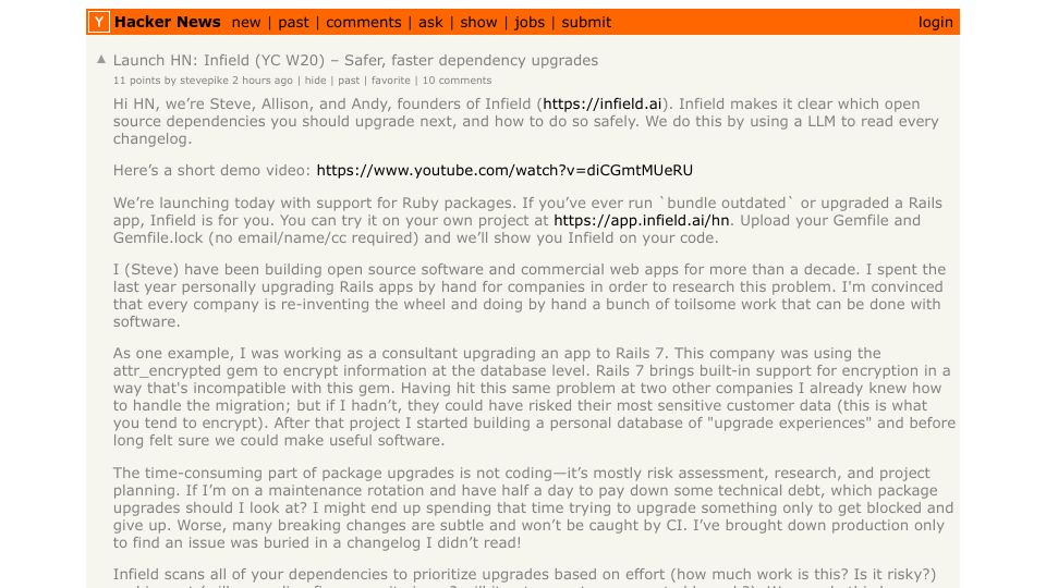 Screenshot of Hacker News post: Launch HN: Infield (YC W20) – Safer, faster dependency upgrades
