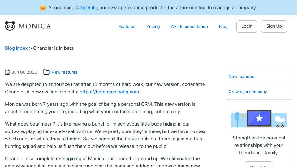 Screenshot of monicahq.com: New version of Monica, codename Chandler, is available in beta