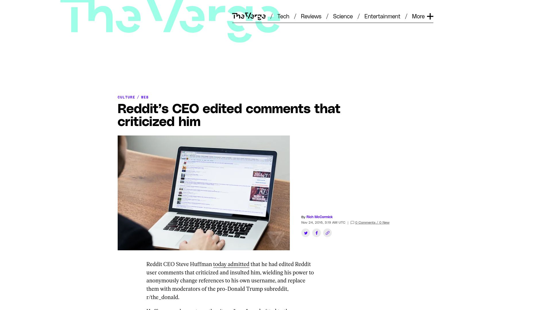Screenshot of theverge.com: Reddit’s CEO edited comments that criticized him (2016)