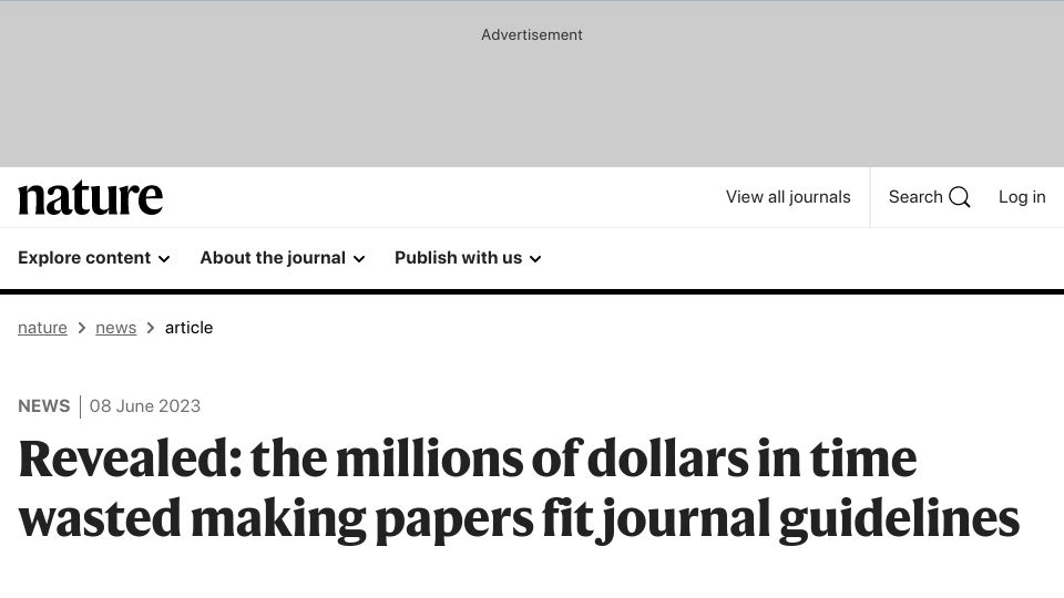 Screenshot of nature.com: Cost of ‘reformatting’ prompts a call for journals to change their requirements