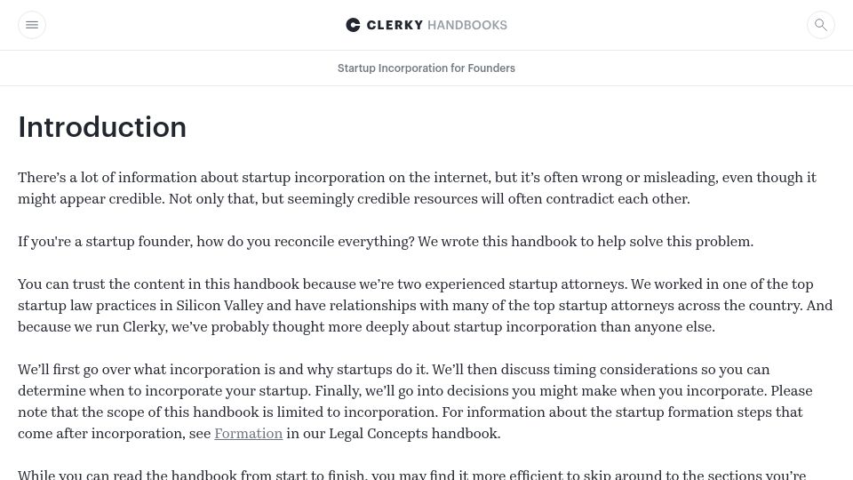 Screenshot of handbooks.clerky.com: Startup Incorporation for Founders: A new handbook
