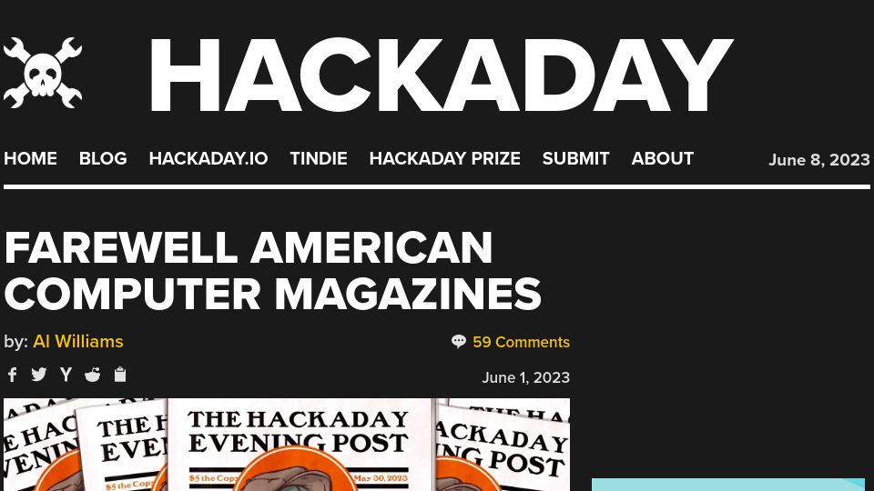 Screenshot of hackaday.com: Farewell American Computer Magazines