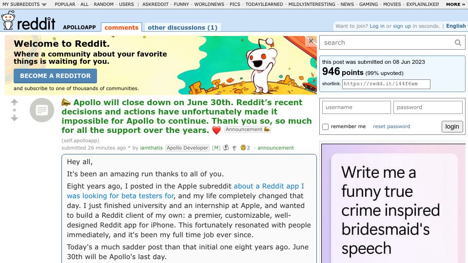 Screenshot of old.reddit.com: Apollo will close down on June 30th