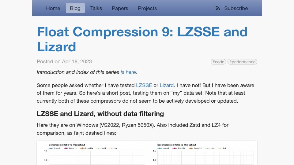 Screenshot of aras-p.info: Float Compression 9: Lzsse and Lizard