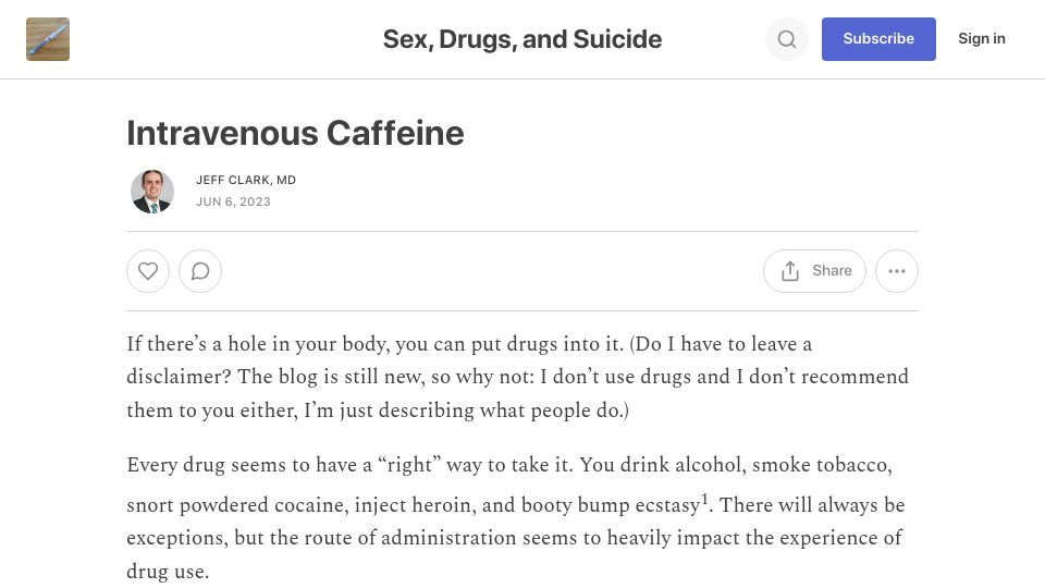 Screenshot of sexdrugsandsuicide.com: Intravenous Caffeine