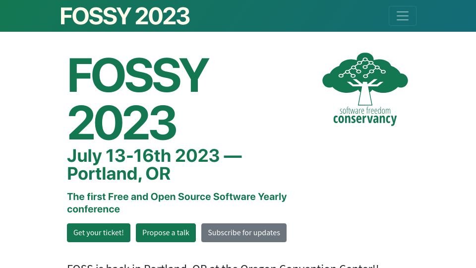 Screenshot of 2023.fossy.us: FOSSY 2023, Portland: Free and Open Source Software Yearly conference