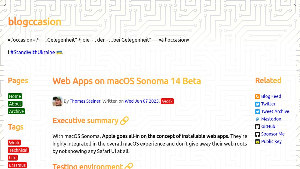 Screenshot of blog.tomayac.com: Web Apps on macOS Sonoma 14 Beta