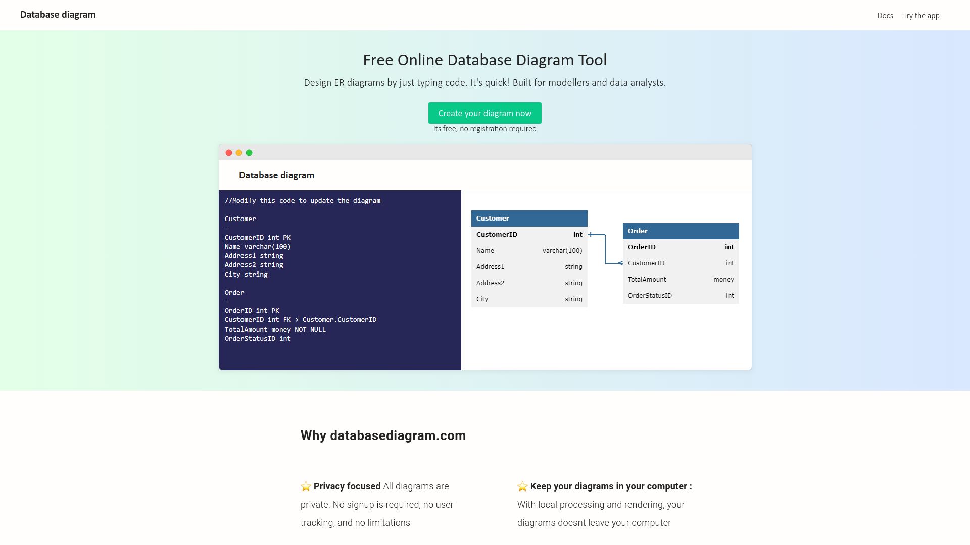 Screenshot of databasediagram.com: Show HN: Private, text to entity-relationship diagram tool