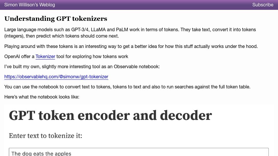 Screenshot of simonwillison.net: Understanding GPT tokenizers