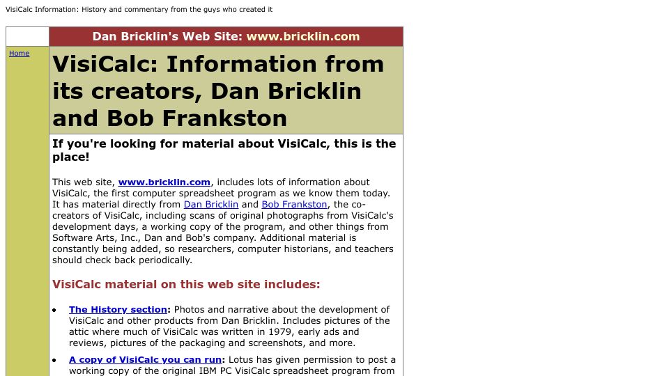 Screenshot of bricklin.com: The History of VisiCalc (1999-2018)
