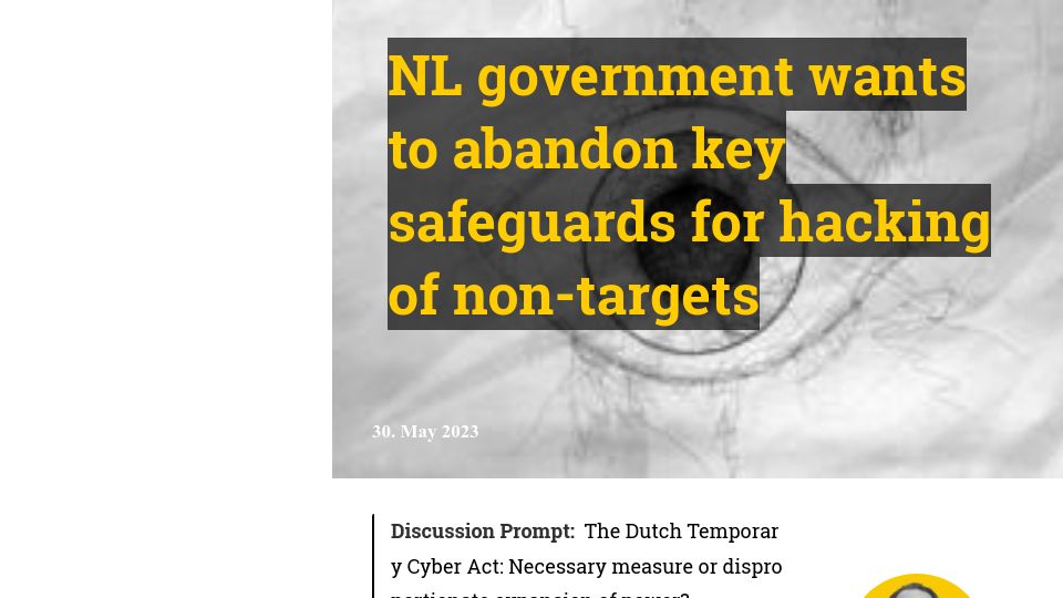 Screenshot of aboutintel.eu: NL national security law to grant automatic permission for targeted surveillance