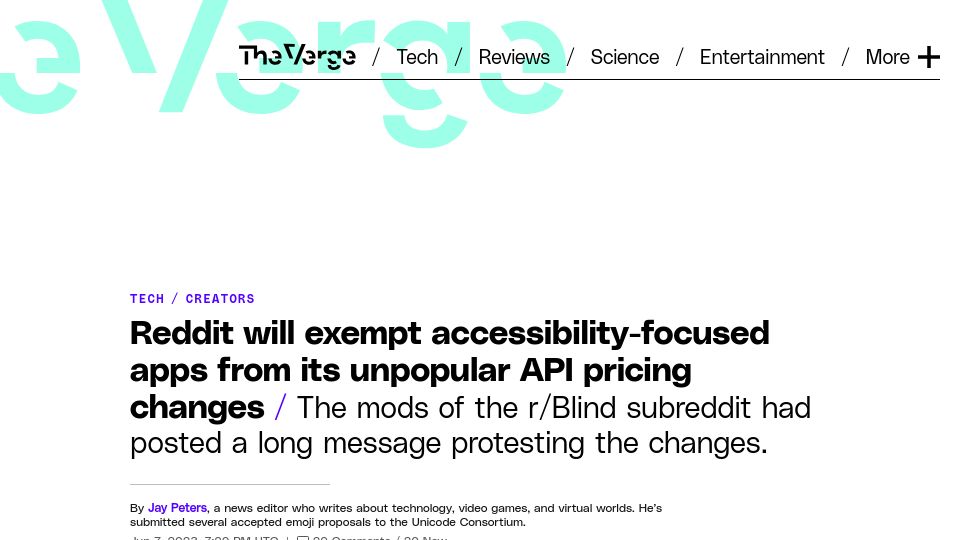 Screenshot of theverge.com: Reddit will exempt accessibility-focused apps from unpopular API pricing changes