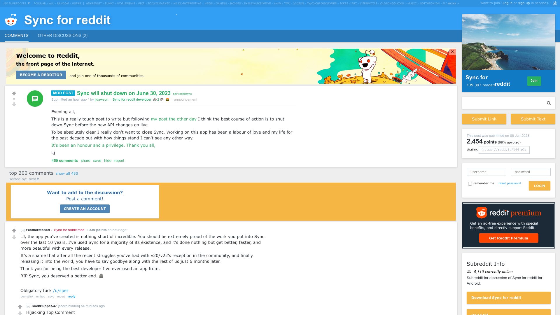 Screenshot of reddit.com: Sync will shut down on June 30