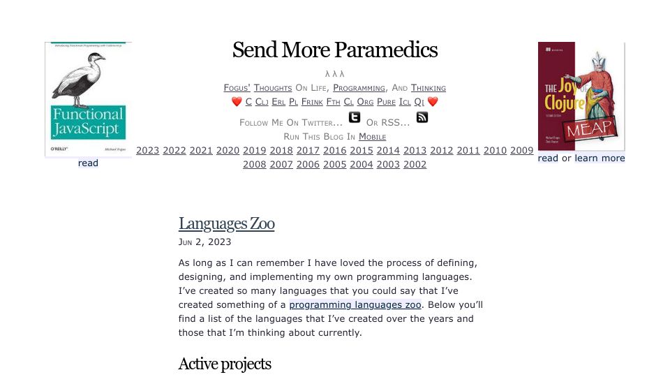 Screenshot of blog.fogus.me: Languages Zoo