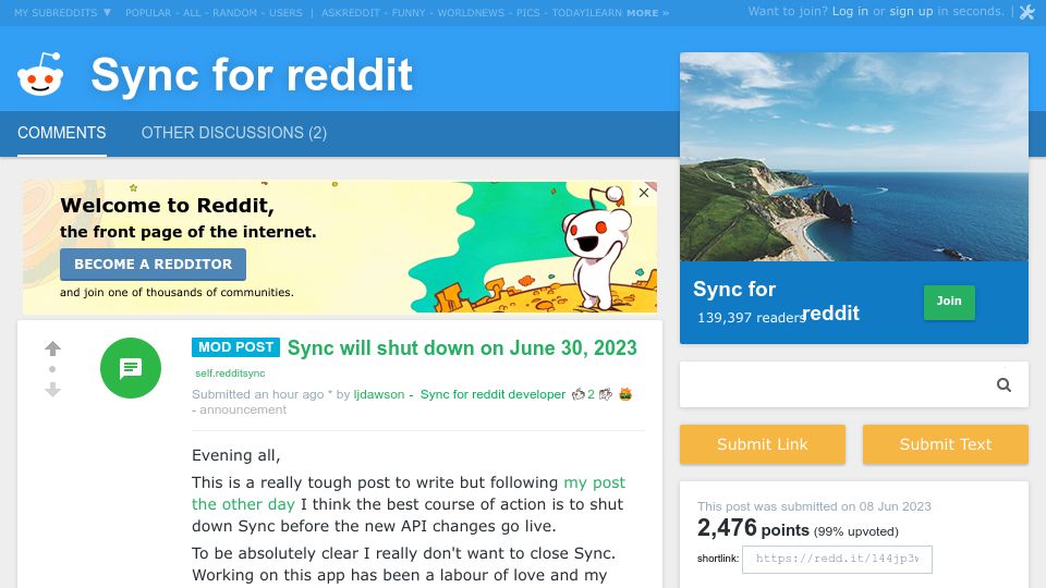 Screenshot of reddit.com: Sync will shut down on June 30