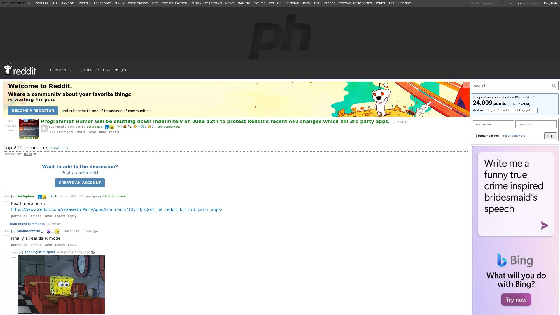 Screenshot of reddit.com: r/ProgrammerHumor will be shutting down to protest Reddit's API changes