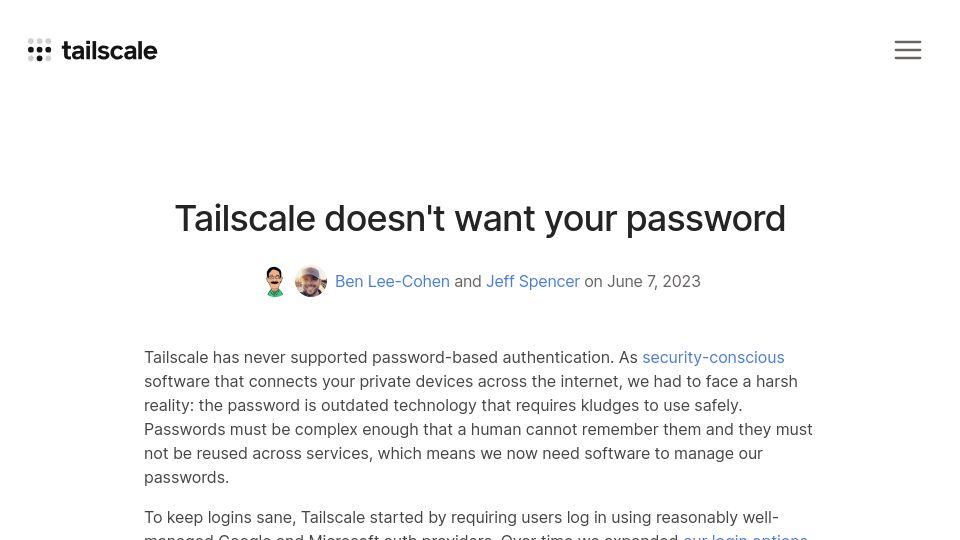 Screenshot of tailscale.com: Tailscale doesn't want your password