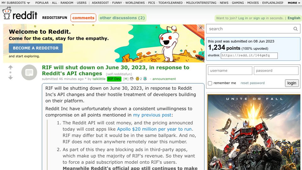 Screenshot of old.reddit.com: Reddit is Fun will shut down on June 30th in response to Reddit API changes