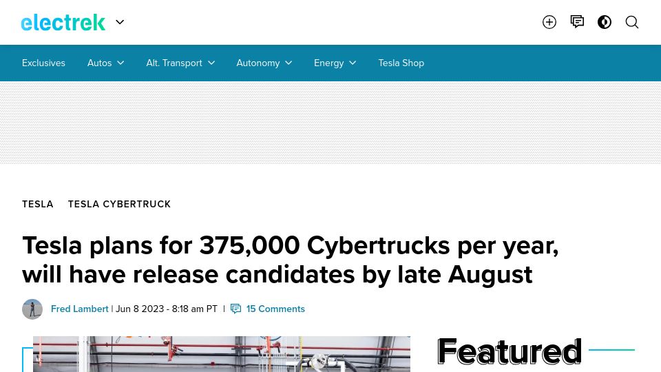 Screenshot of electrek.co: Tesla plans for 375,000 Cybertrucks per year