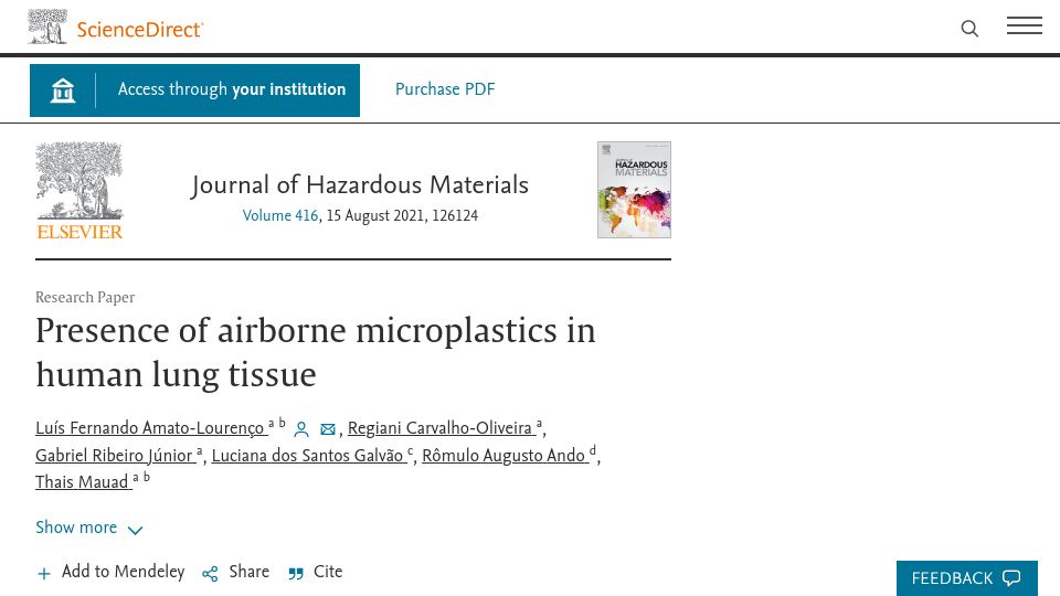 Screenshot of sciencedirect.com: Presence of airborne microplastics in human lung tissue