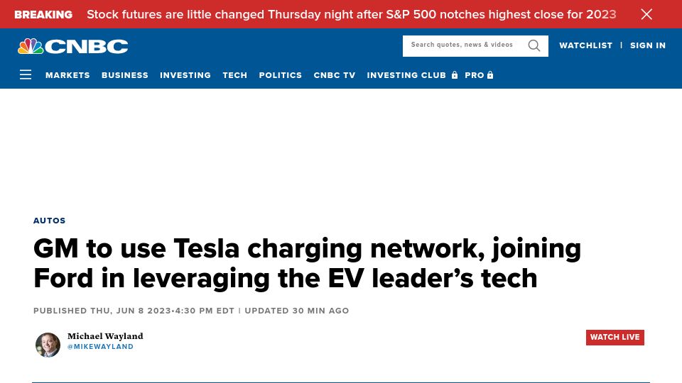 Screenshot of cnbc.com: GM to use Tesla charging network, joining Ford