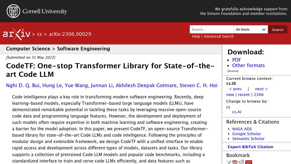 Screenshot of arxiv.org: CodeTF: One-Stop Transformer Library for State-of-the-Art Code LLM