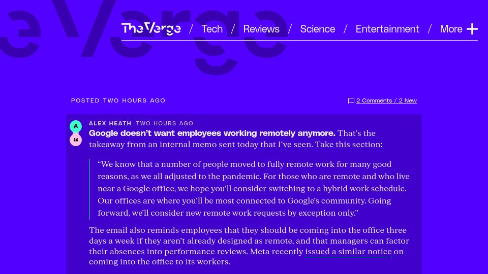 Screenshot of theverge.com: Google doesn’t want employees working remotely anymore