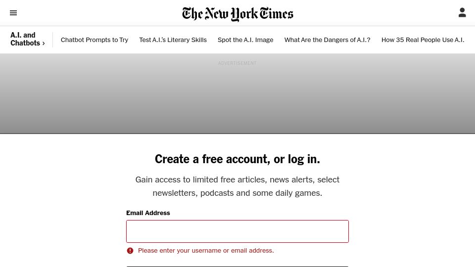 Screenshot of nytimes.com: Lawyer Who Used ChatGPT Faces Penalty for Made Up Citations