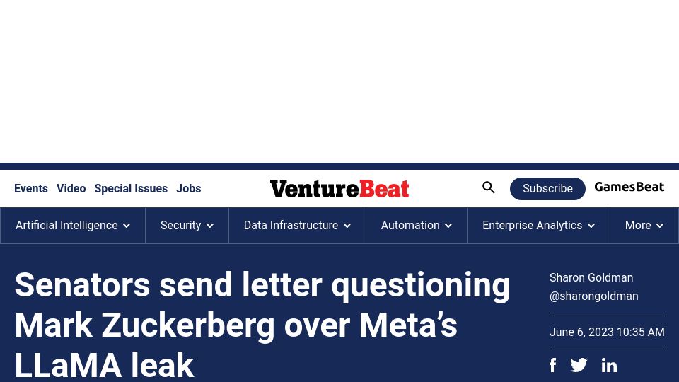 Screenshot of venturebeat.com: Senators send letter questioning Mark Zuckerberg over Meta’s LLaMA leak