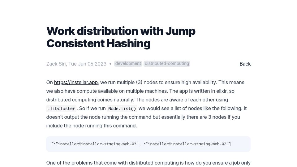 Screenshot of zacksiri.dev: Work Distribution with Jump Consistent Hashing