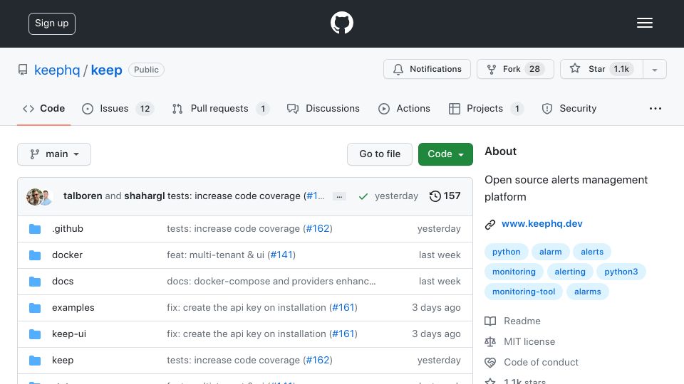 Screenshot of github.com: Show HN: Keep – Create production alerts from plain English