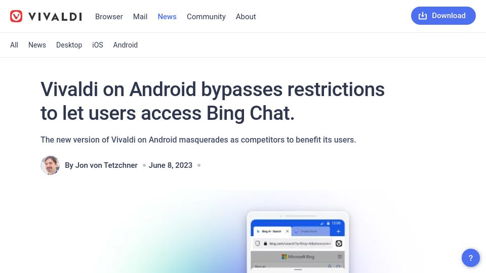 Screenshot of vivaldi.com: Vivaldi on Android bypasses restrictions to let users access Bing Chat