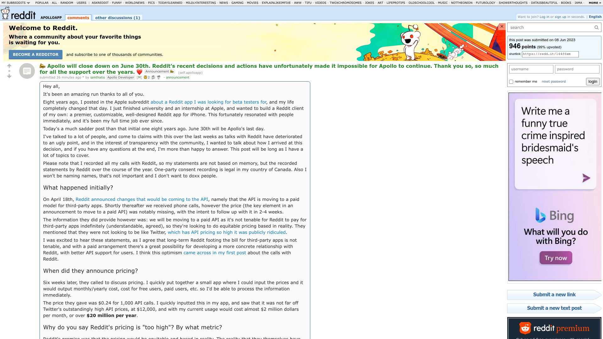 Screenshot of old.reddit.com: Apollo will close down on June 30th