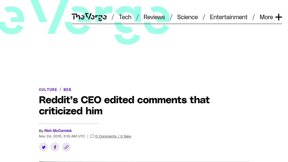 Screenshot of theverge.com: Reddit’s CEO edited comments that criticized him (2016)