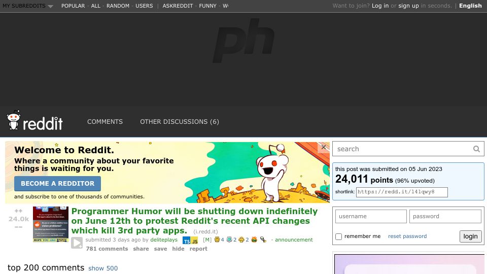 Screenshot of reddit.com: r/ProgrammerHumor will be shutting down to protest Reddit's API changes