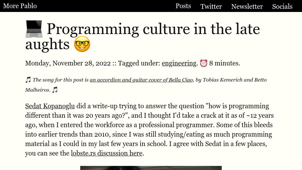 Screenshot of morepablo.com: Programming culture in the late aughts (2022)