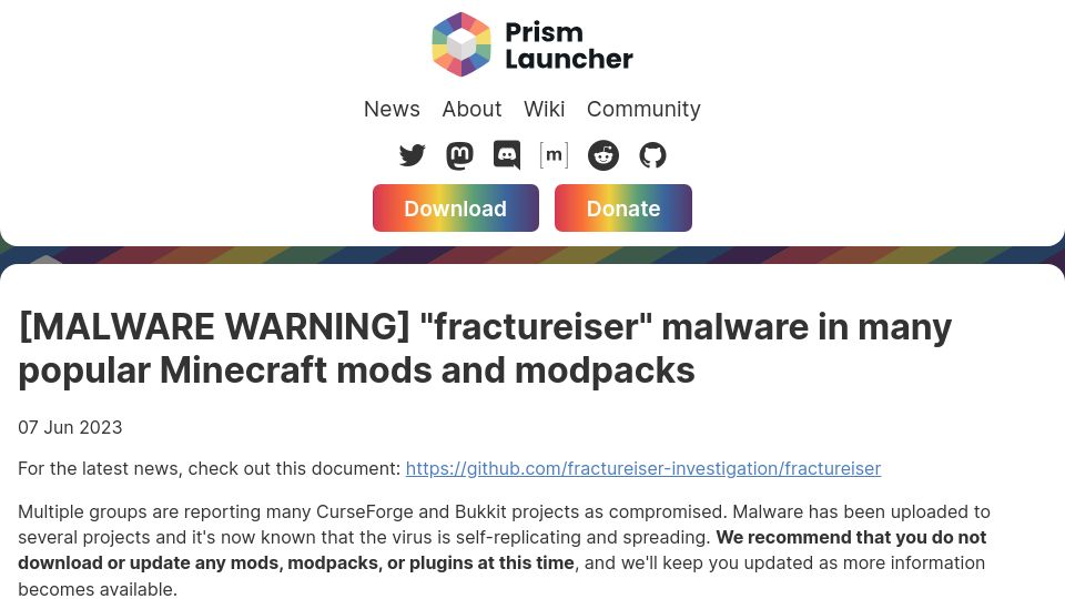 Screenshot of prismlauncher.org: “Fractureiser” malware in popular Minecraft mods and modpacks