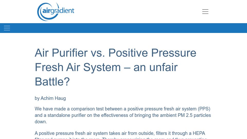 Screenshot of airgradient.com: Air Purifier vs. Positive Pressure Fresh Air System – An Unfair Battle?