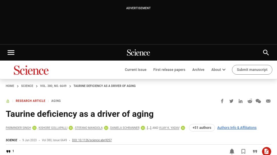 Screenshot of science.org: Taurine deficiency as a driver of aging