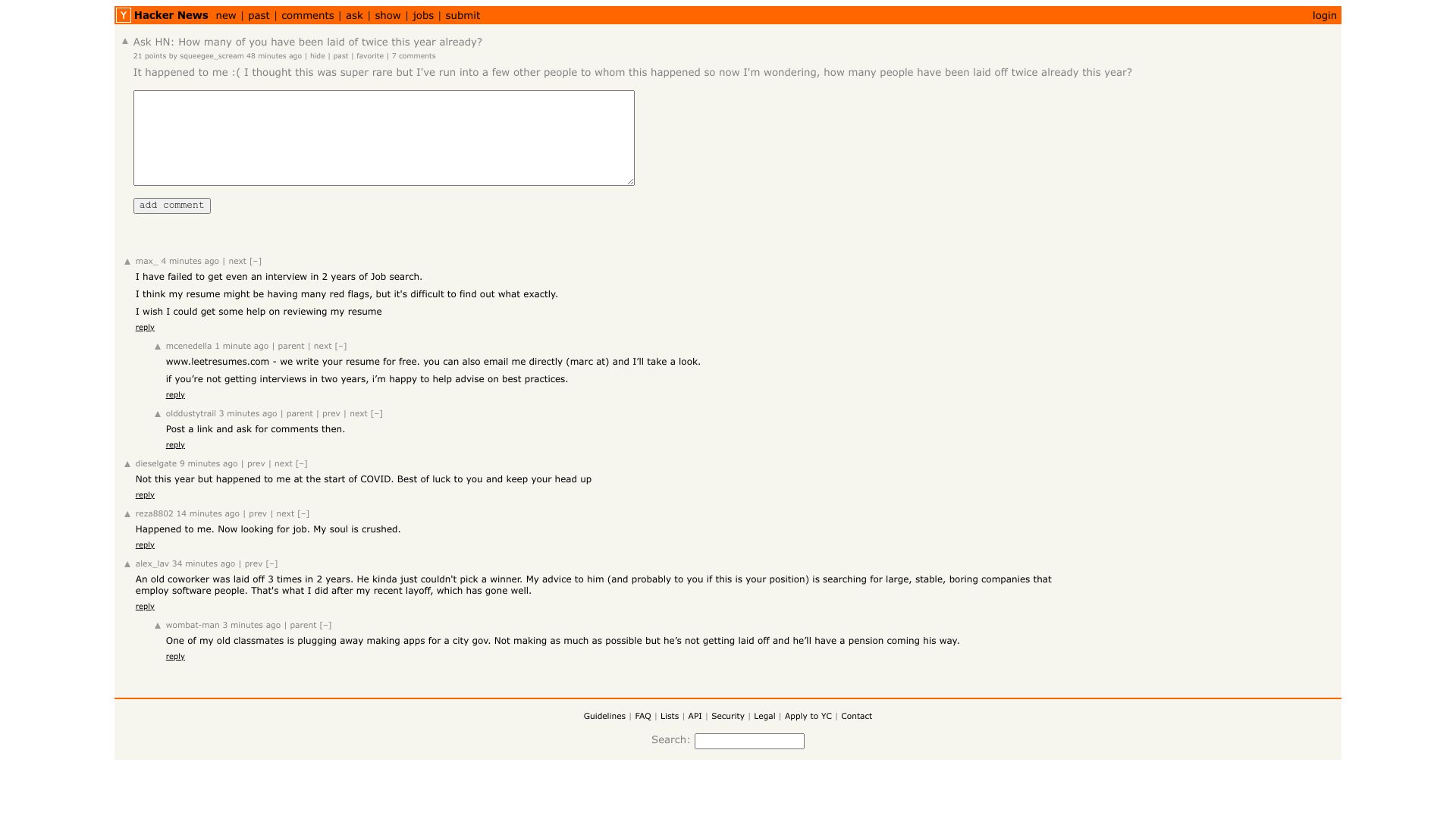 Screenshot of this Hacker News post: Ask HN: How many of you have been laid of twice this year already?