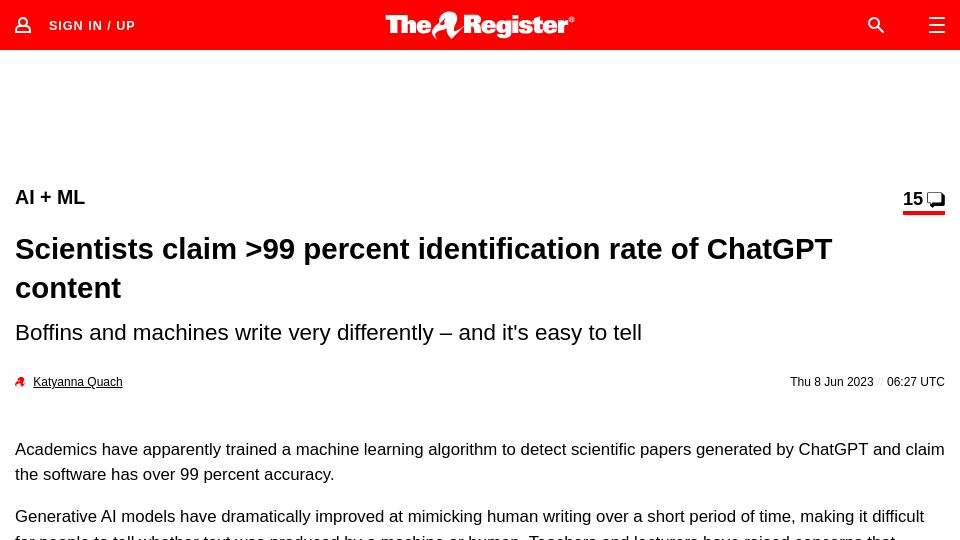 Screenshot of theregister.com: Scientists claim >99 percent identification rate of ChatGPT content