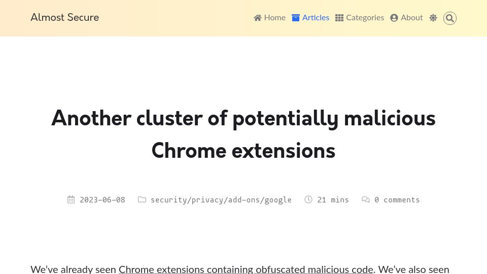 Screenshot of palant.info: Another cluster of potentially malicious Chrome extensions