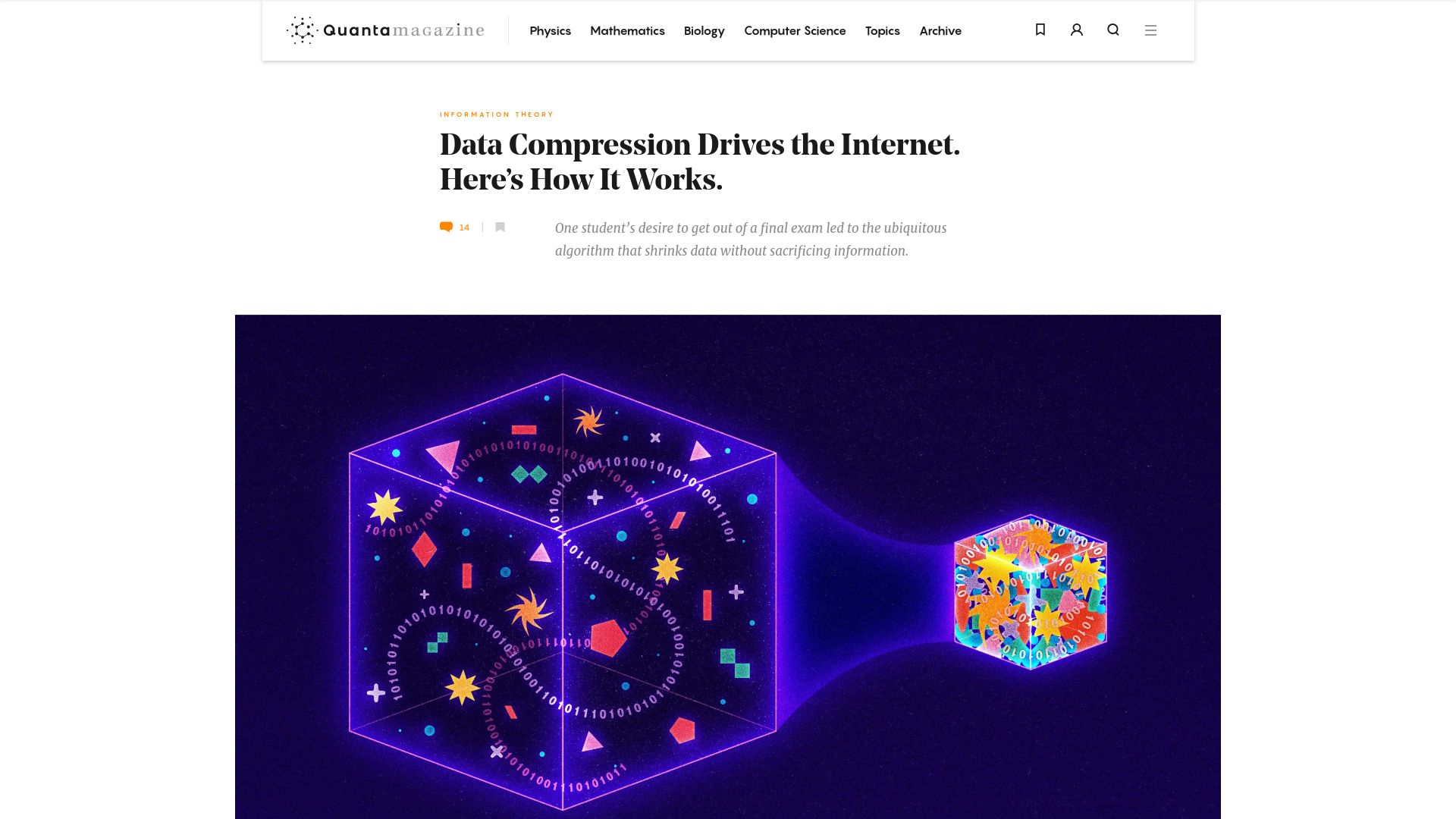 Screenshot of quantamagazine.org: A student’s desire to get out of a exam led to a compression algorithm