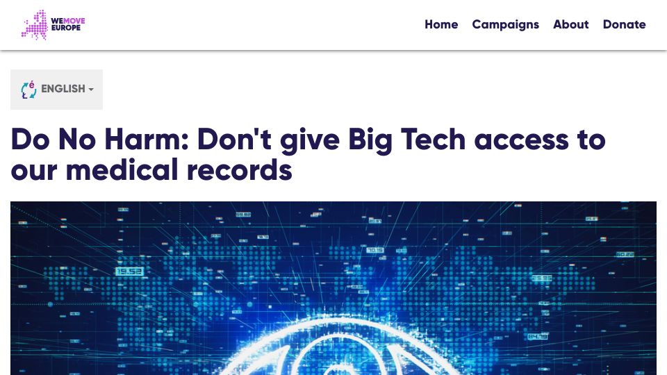 Screenshot of act.wemove.eu: Do no harm petition: Don't give big tech access to our medical records