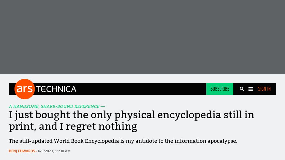 Screenshot of arstechnica.com: I bought the only physical encyclopedia still in print